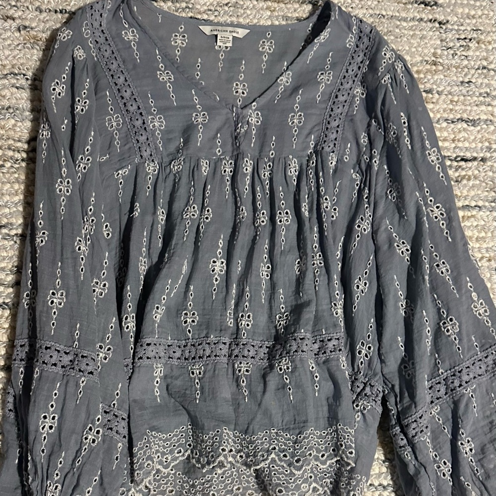 American Eagle Outfitters Blue Embroidered Blouse